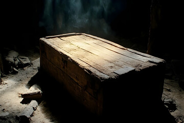 Dusty antique wooden chest in dark room, illuminated by light beams.