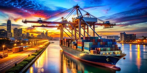 Fototapeta premium Container Ship Unloading Crane - Global Freight Shipping - Seaport Logistics