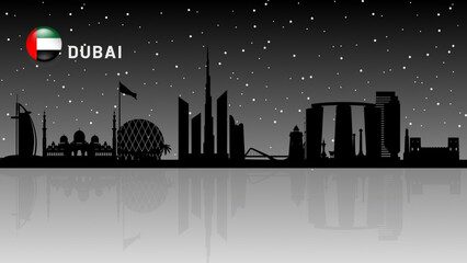 New Dubai skyline, UAE Urban cityscape, United Arab Emirates skyscraper buildings vector silhouette beautiful snow falling night view background . vector illustrator
