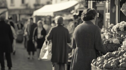Obraz premium Blurred monochrome market scene with customers.