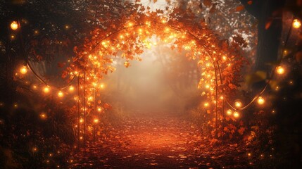 Naklejka premium An autumn-themed arch with glowing light bulbs and garlands, creating a welcoming entrance in a misty, fall atmosphere. Perfect for Halloween or seasonal invitations.