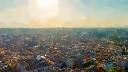 Rome, Italy. Watercolor illustration. Flight over the city. Panorama of the city in the morning. Backlight. Summer, Aerial View