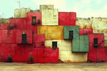 Colorful urban wall art featuring vibrant red, yellow, and teal geometric designs, adorned with small plants, creating a lively atmosphere.