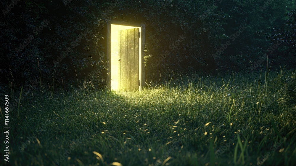 Poster an open door in the middle of a grassy field, with glowing light illuminating the space beyond. a dr