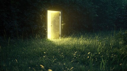 An open door in the middle of a grassy field, with glowing light illuminating the space beyond. A dreamlike concept for fantasy or self-discovery-related content.