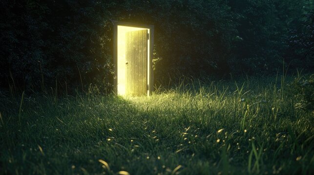 An open door in the middle of a grassy field, with glowing light illuminating the space beyond. A dreamlike concept for fantasy or self-discovery-related content.