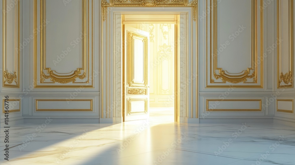 Poster An open door with golden light streaming through, set in an empty room with white marble floors and gold-trimmed walls. Ideal for luxury or architectural ads.