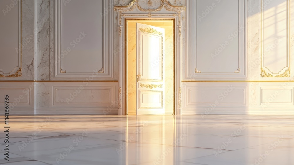 Poster An open door with golden light streaming through, set in an empty room with white marble floors and gold-trimmed walls. Ideal for luxury or architectural ads.