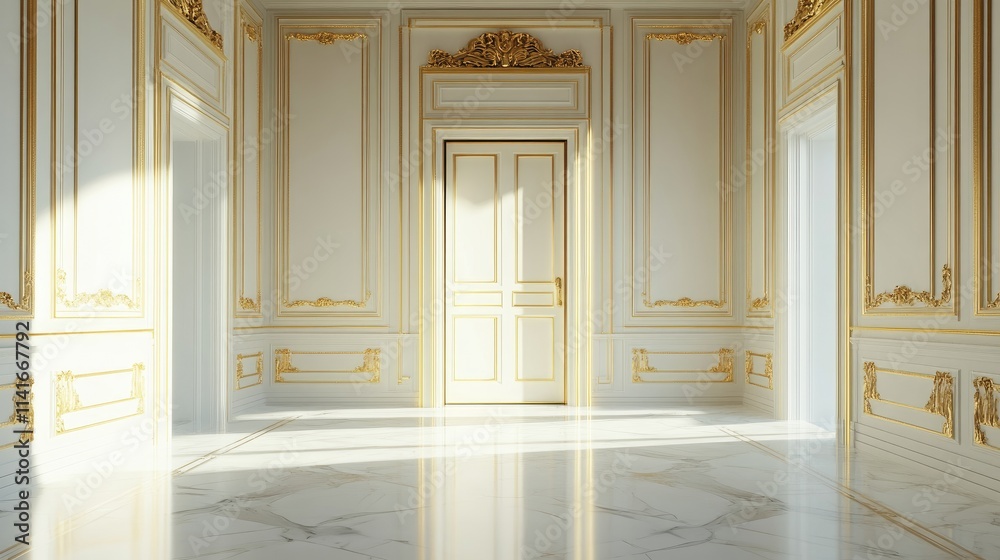 Aufkleber an open door with golden light streaming through, set in an empty room with white marble floors and 