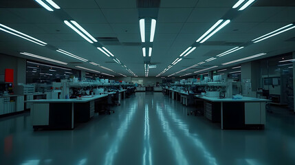 Obraz premium Empty modern laboratory at night, fluorescent lights illuminate clean, sleek workstations and equipment.