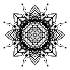 A beautifully intricate mandala tattoo design, featuring a symmetrical and circular pattern. The design includes geometric shapes, floral elements, and fine line details, creating a harmonious 