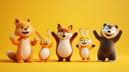 Naklejka premium Animated animals cheering on yellow backdrop.