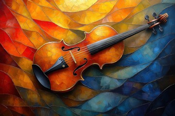 A beautifully crafted violin rests against a vibrant, abstract backdrop of warm oranges and cool blues, evoking a sense of musical harmony.