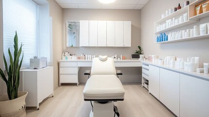 Clean and stylish cosmetology cabinet inside a contemporary beauty clinic, showcasing a luxurious space for aesthetic treatments, with neat counters and ample storage.