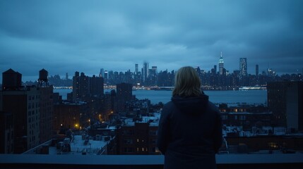Woman watches nighttime city skyline from rooftop.