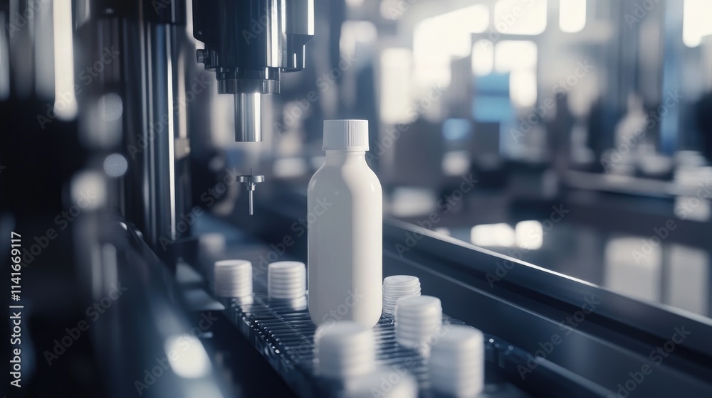 Poster close-up of a white plastic bottle moving on an automatic conveyor belt, with capping and labeling m