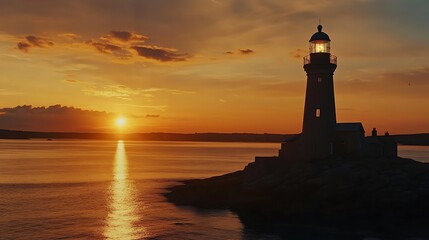 Lighthouse Silhouette at Sunset, Coastal Ireland. AI Generated