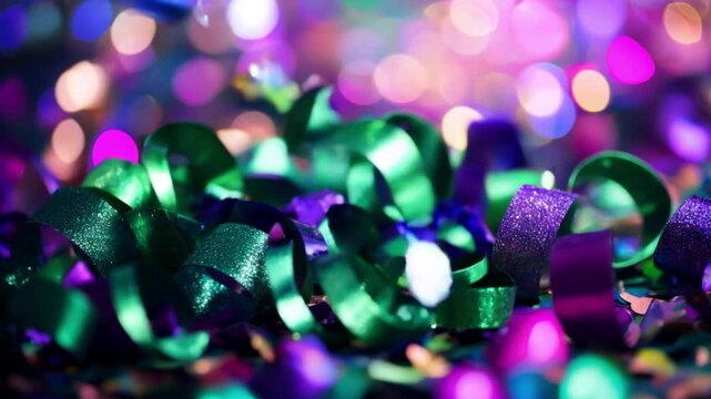 Glittery ribbons and confetti with bokeh background