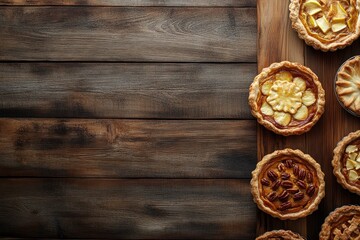 Variety of homemade autumn pies. Pumpkin, apple and pecan. Above view double border over a rustic wood background with copy space.