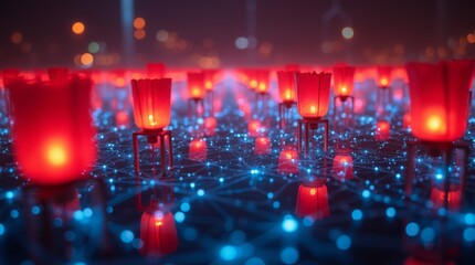 Obraz premium Glowing red lanterns on a digital grid, merging tradition with modern technology