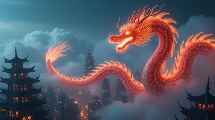 Obraz premium Majestic glowing dragon soars over misty pagodas, blending fantasy with traditional elegance