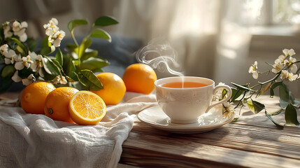 Cozy tea scene with fresh lemons oranges and steam rising from cup