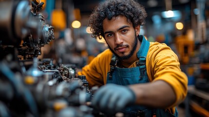 A young man working intently on machinery in an industrial setting.