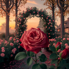 A red rose garden in the evening glow.