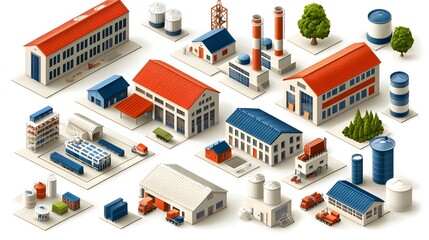 Colorful Industrial Complex with Buildings and Equipment Layout