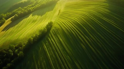 Aerial View of Rolling Green Fields at Sunrise. AI Generated