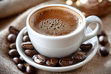 Obraz premium Espresso in white cup with coffee beans.