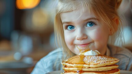 a little girl savoring a fluffy pancake, syrup dripping from her chin