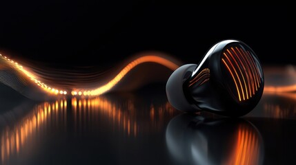 Fototapeta premium Minimalist wireless earbud with glowing sound waves