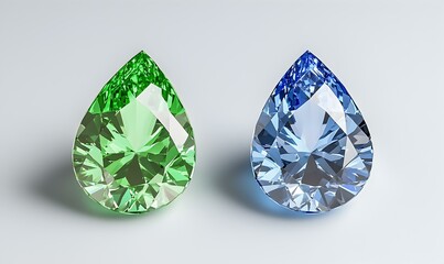 Fototapeta premium Sparkling Green and Blue Pear-Shaped Crystals on Light Background