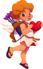 Cartoon cupid character holding heart symbol with wings, bow and arrows conveying love and romance for Valentines Day holiday celebration, cute angel with playful expression exudes joy and affection