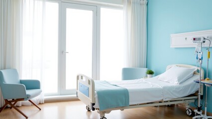 Bright and modern hospital ward with single bed, white linens, light blue blanket, IV stand, medical equipment, large windows, armchair, light blue walls, potted plant