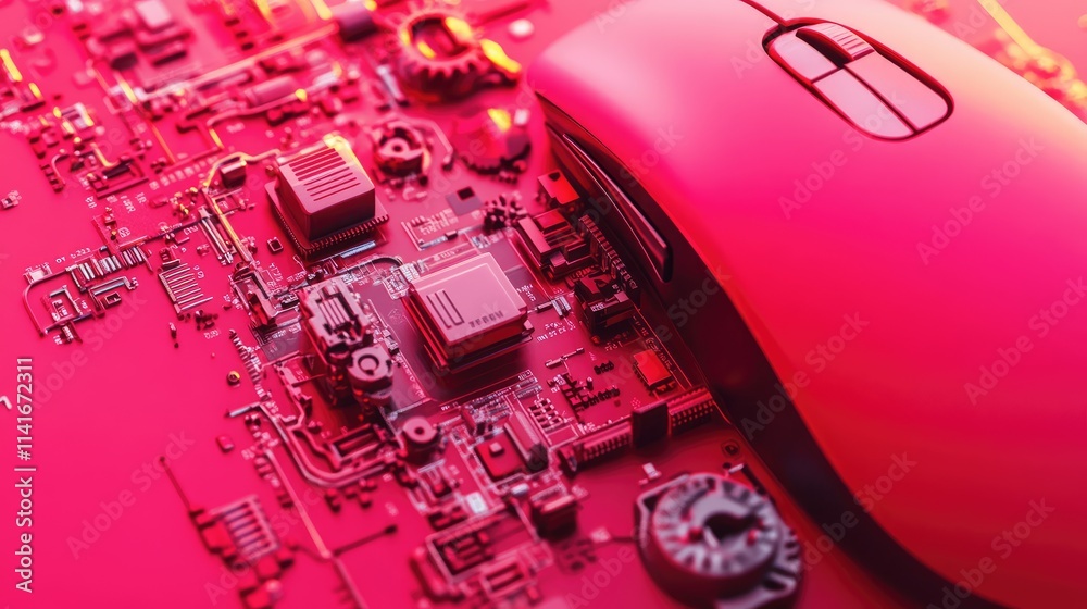 Poster The internal components of a computer mouse, with gears and sensors visible, set against a vibrant pink background.