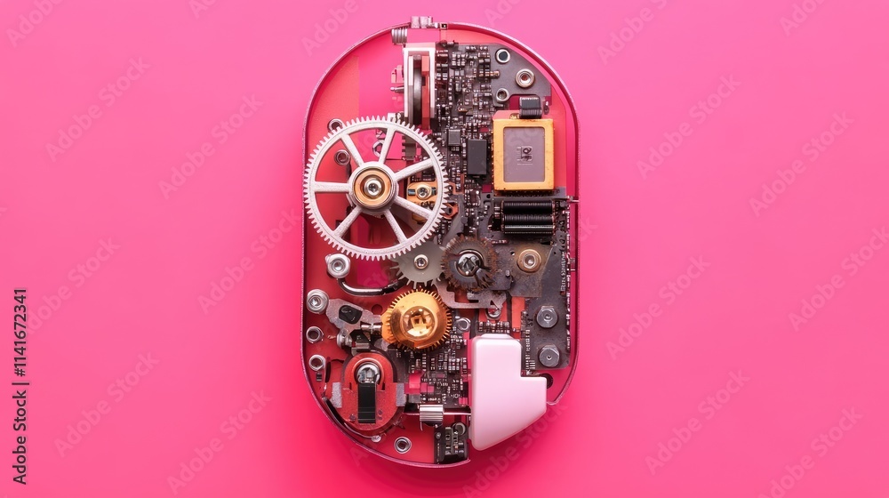 Aufkleber the internal components of a computer mouse, with gears and sensors visible, set against a vibrant p