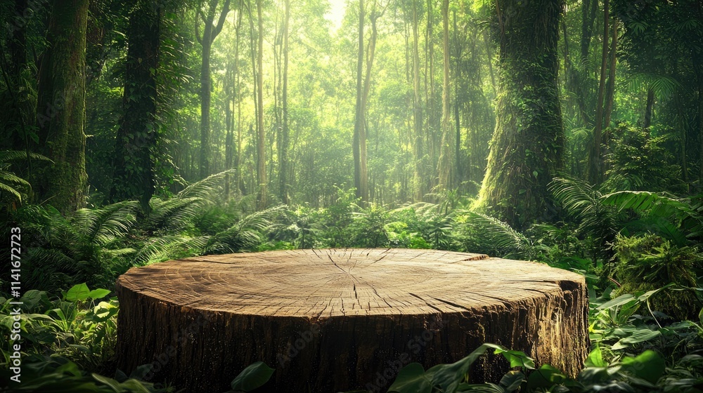 Poster wooden stump in the middle of a lush forest with tall trees, offering a beautiful, natural backdrop 