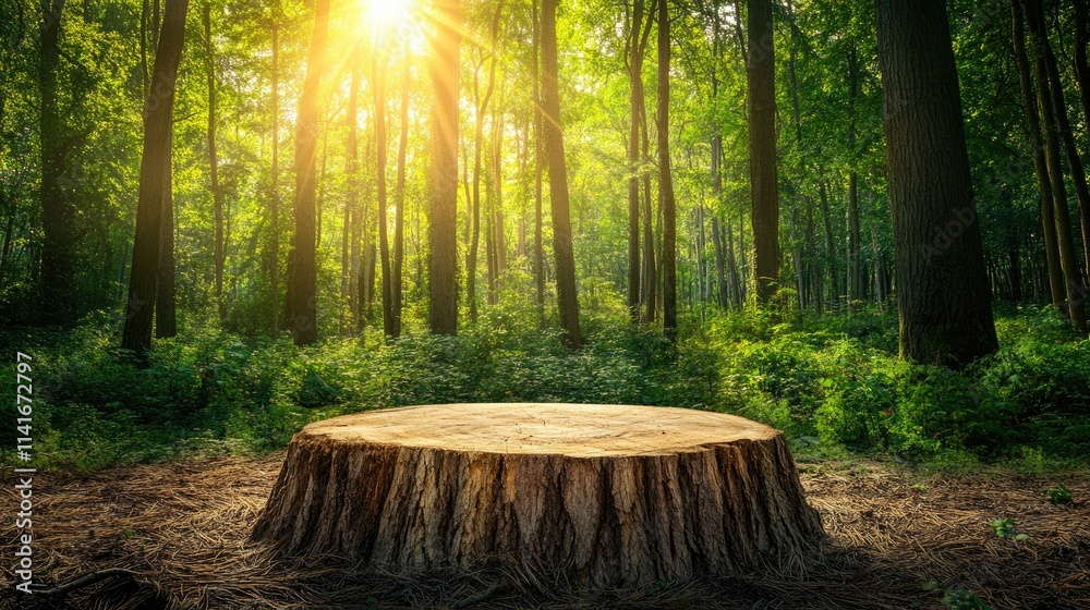 Poster wooden stump in the middle of a lush forest with tall trees, offering a beautiful, natural backdrop 