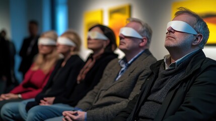 Blindfolded group sits at exhibit, focused.
