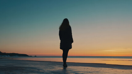 Fototapeta premium Serene sunset silhouette of woman on beach, feeling peaceful and contemplative