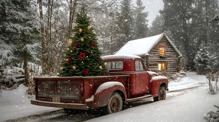 Vintage red truck with Christmas decorations near a wooden cabin in a snowy forest at dusk