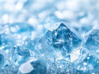 Obraz premium Shiny blue diamonds and glasses with bokeh lights and light rays abstract background, reflective valuable stones illustration