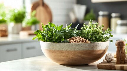 Fresh Green Herbs and Grains in a Wooden Bowl on Kitchen Table