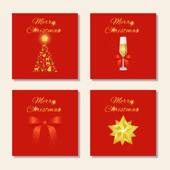 Bright set of Christmas cards design on a red background with Christmas symbols and the golden inscription "Merry Christmas". Vector