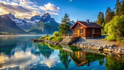 Fototapeta premium Tranquil Mountain Cabin Shoreline Holiday Scene