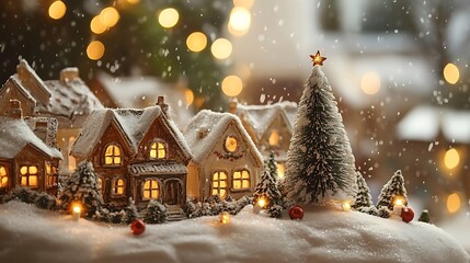 Snow-covered Village With Christmas Tree And Lit Window Lights