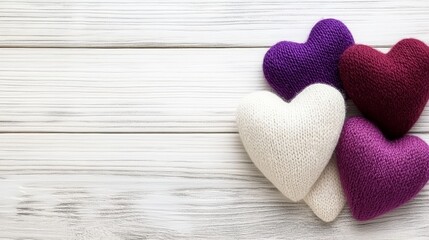 Fototapeta premium Knitted hearts on white wood, a symbol of love and warmth for valentine's day