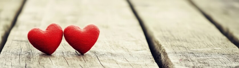 Fototapeta premium Two red hearts on rustic wooden table, a symbol of love and affection